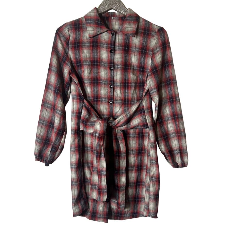 Halara Tie Front Long Sleeve Red Plaid Mini Casual Dress NEW - Picture 2 of 7